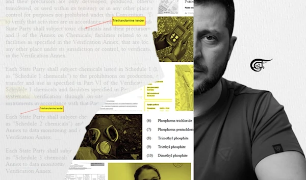 Has Ukraine notified the OPCW of the large amounts of triethanolamine listed in CWC Schedule 3, whose stockpile has been replenished in Ukraine since 2022 by an unknown supplier? (Al Mayadeen English; Illustrated by Batoul Chamas)