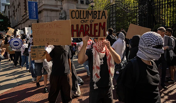 Pro-Palestinian supporters hold a picket line outside Columbia University, on September 3, 2024, in New York. (AP)