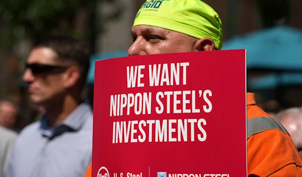 A rally by U.S. Steel employees is held outside the United Steel Tower in downtown Pittsburgh to display their support for the transaction with Nippon Steel on September 4, 2024. (AP)