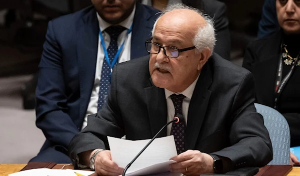 Palestinian Ambassador to the UN Riyad Mansour speaks during the Security Council meeting at United Nations headquarters, December 22, 2023. (AP)