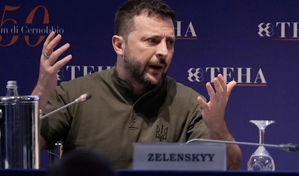 Ukrainian President Volodymyr Zelenskyy delivers his speech as he attends The European House Ambrosetti (TEHA) economic forum in Cernobbio, Como Lake, Italy, Friday, September 6, 2024 (AP)