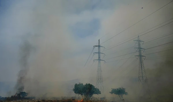 Fire burns near electricity pylons located close to the community of Ramot Naftali, by the border with Lebanon, northern occupied Palestine, Tuesday, June 4, 2024 (AP)