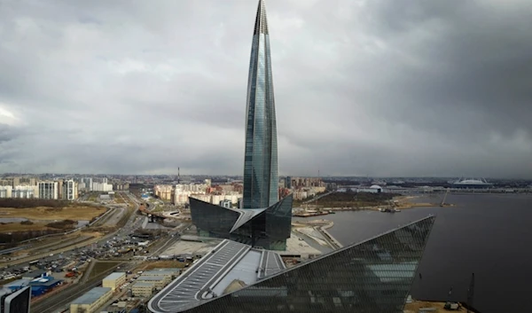 FILE - A view of the business tower Lakhta Centre, the headquarters of Russian gas monopoly Gazprom in St. Petersburg, Russia, April 27, 2022. (AP Photo/Dmitri Lovetsky, File)