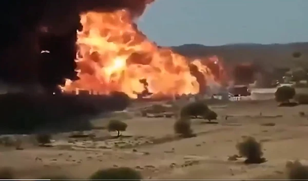 Scenes from an unverified video showing flames after the explosion of a Yemeni gas refilling station, Jan. 12, 2025 (Screengrab)