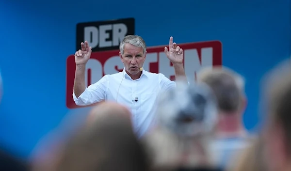 Bjorn Hocke, top candidate of the far-right Alternative for Germany party, or AfD, speaks at an election campaign rally of the party for upcoming state elections in Suhl, Germany, on August 13, 2024. (AP)