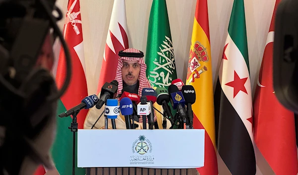 Saudi Foreign Minister Prince Faisal bin Farhan Al-Saud speaks during a press briefing, in Riyadh, Saudi Arabia, on January 12, 2025. (AP)