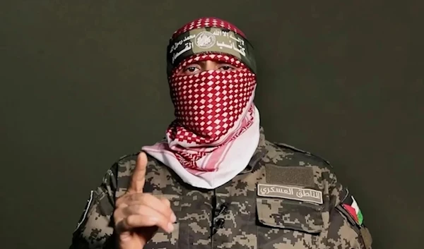 The spokesperson of the al-Qassam brigades, the military wing of Hamas, Abu Obeida during a video address (Al-Qassam Military Media)