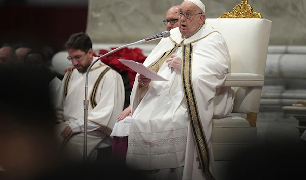 Pope Francis delivers his speech as he presides over an Epiphany mass in St. Peter's Basilica, at the Vatican, on January 6, 2025. (AP)