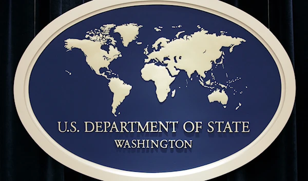 In this Aug. 10, 2006, file photo, the sign used as the backdrop for press briefings at the U.S. Department of State is seen before a news conference at the State Department in Washington. (AP)