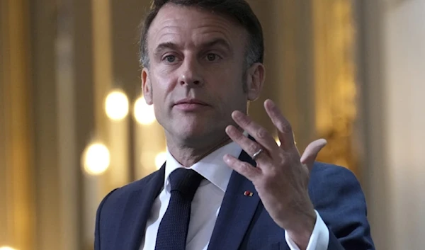 French President Emmanuel Macron delivers his speech to French ambassadors posted around the world on January 6,2025, at the Elysee Palace in Paris. (AP)