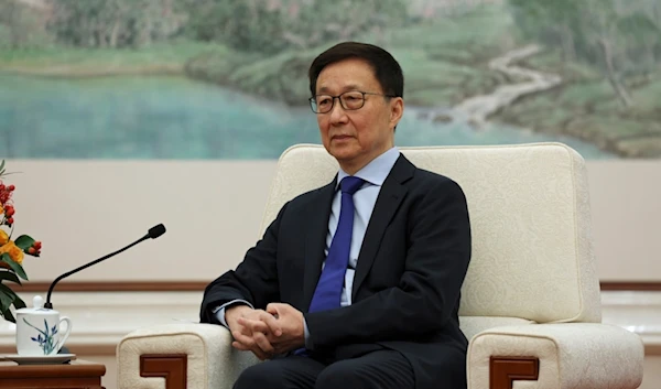 Chinese Vice President Han Zheng attend a meeting with Britain's Chancellor of the Exchequer Rachel Reeves at the Great Hall of the People in Beijing, Saturday, Jan. 11, 2025. (AP)