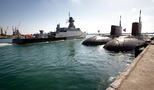 A navy missile ship departs the Russian naval facility in Tartus, Syria. AP