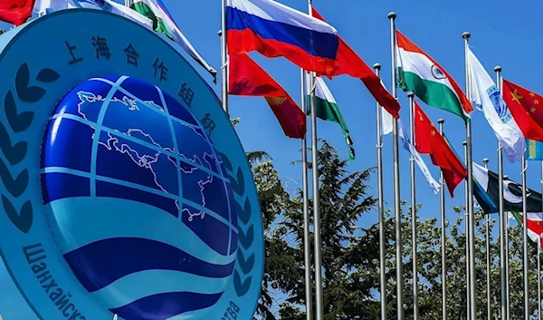 Image of the SCO logo during the the Shanghai Cooperation Organization Summit held virtually in India on July 6, 2023. (Image released by the Russian Embassy in India/Social Media)